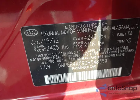 2013 Hyundai Sonata Gls from USA, damaged, VIN 5NPEB4AC9DH548359